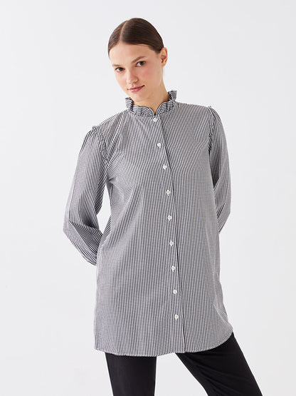 Ruffled High Collar Plaid Long Sleeve Women's Tunic