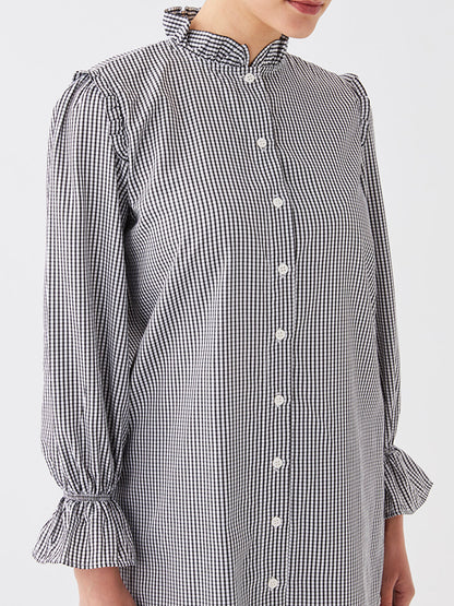 Ruffled High Collar Plaid Long Sleeve Women's Tunic