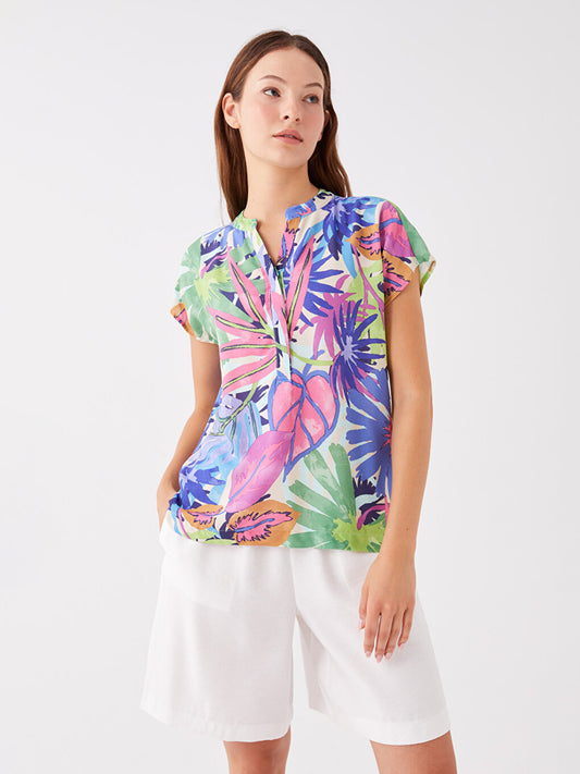 Wacky Collar Patterned Short Sleeve Women's Blouse