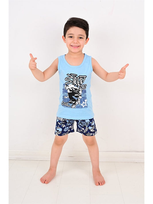 Crew Neck Printed Boy's Pajama Set with Shorts