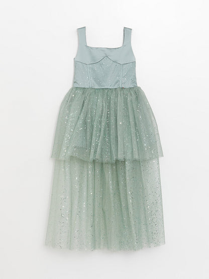 Strappy Square Neck Tulle Detailed Girl's Dress