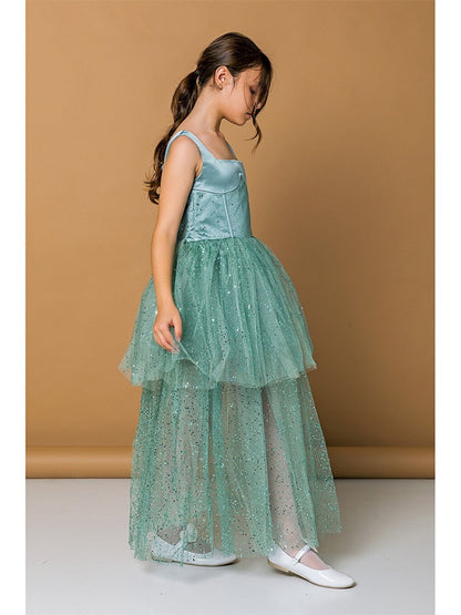 Strappy Square Neck Tulle Detailed Girl's Dress