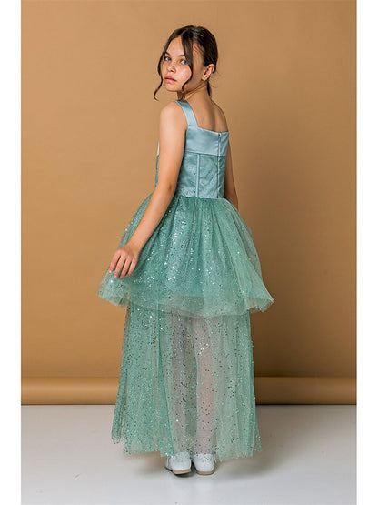 Strappy Square Neck Tulle Detailed Girl's Dress