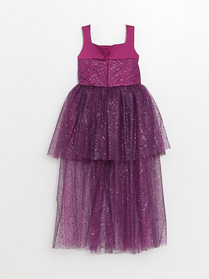 Strappy Square Neck Tulle Detailed Girl's Dress