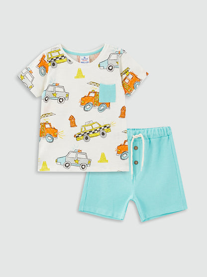 Crew Neck Printed Baby Boy T-Shirt and Shorts 2-Piece Set