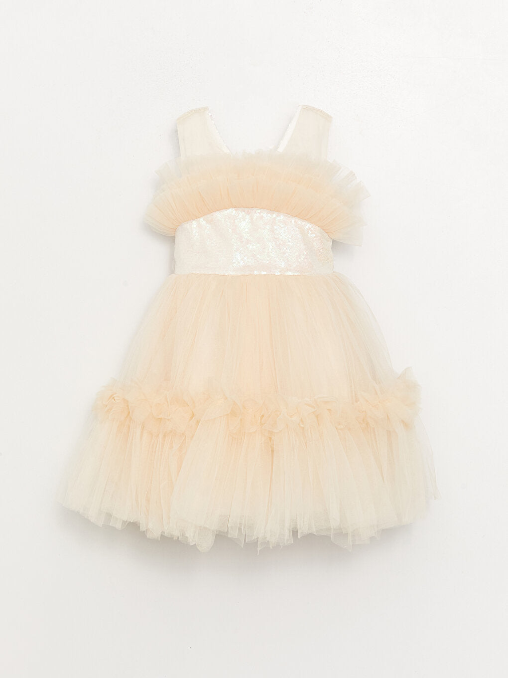 Crew Neck Tulle Detailed Girl's Dress