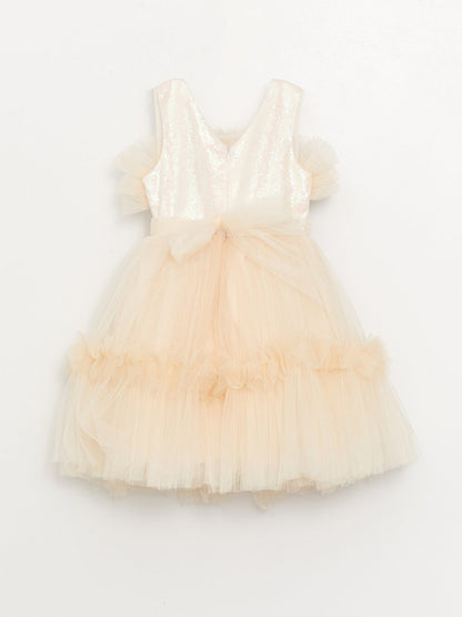 Crew Neck Tulle Detailed Girl's Dress