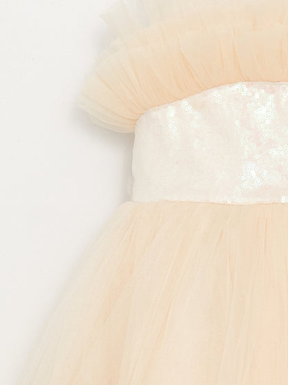 Crew Neck Tulle Detailed Girl's Dress