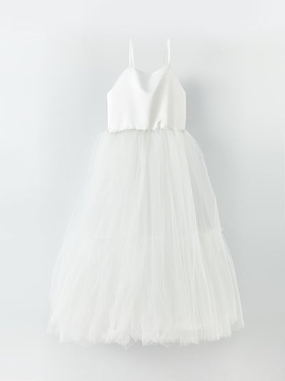 Square Neck Tulle Detailed Girl's Dress