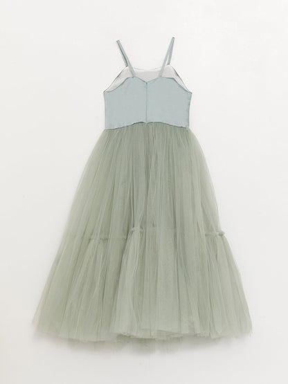 Square Neck Tulle Detailed Girl's Dress