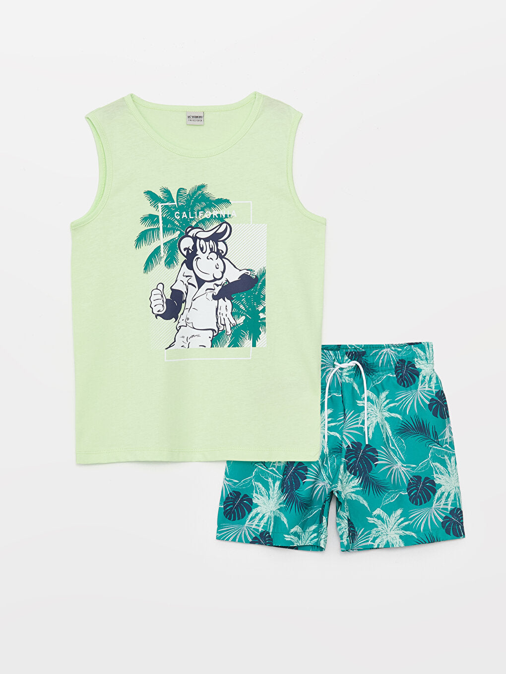 Crew Neck Nostalgic Monkey Printed Boy's Undershirt and Swim Shorts