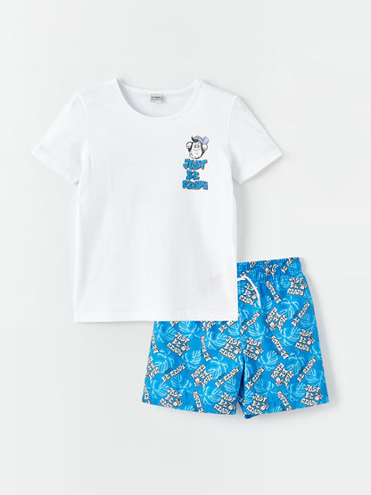 Crew Neck Nostalgic Monkey Printed Boy's T-Shirt and Swim Shorts