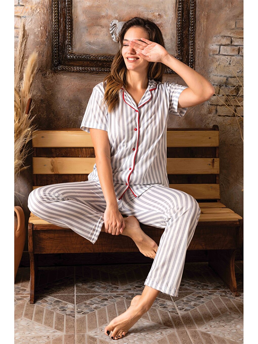 Shirt Collar Striped Women's Pajama Set