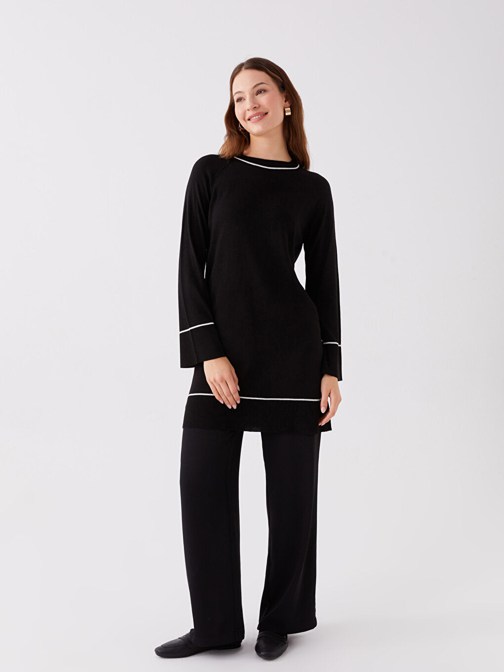 Crew Neck Plain Long Sleeve Women's Knitwear Tunic