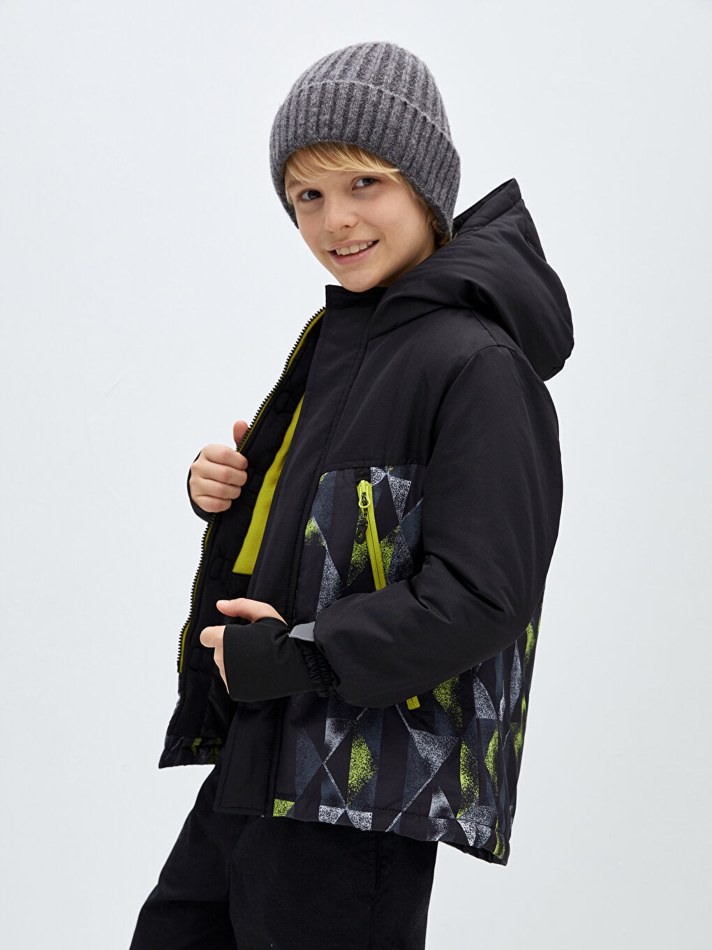 Hooded Patterned Boy's Puffer Coat