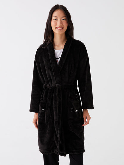 Shawl Collar Embroidered Long Sleeve Women's Plush Dressing Gown