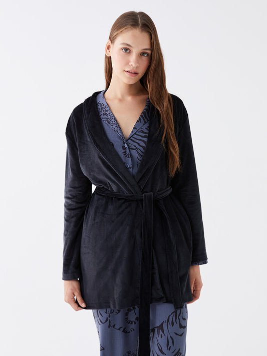 Shawl Collar Plain Long Sleeve Velvet Women's Dressing Gown