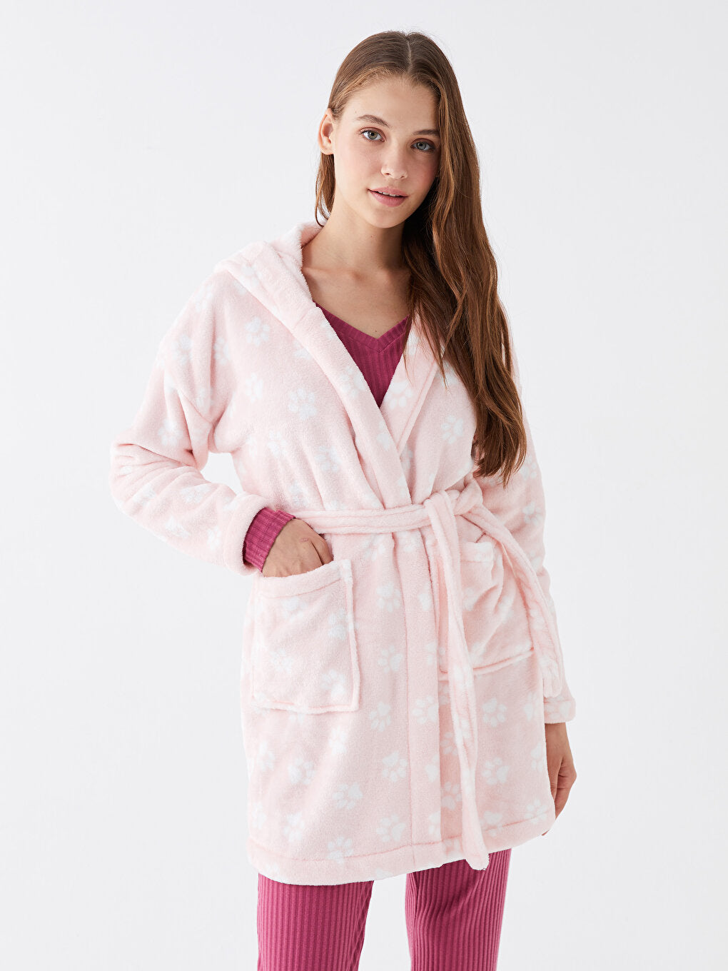 Hooded Patterned Long Sleeve Plush Women's Dressing Gown