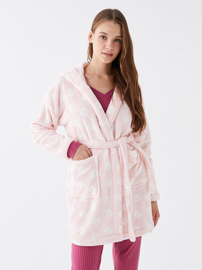 Hooded Patterned Long Sleeve Plush Women's Dressing Gown