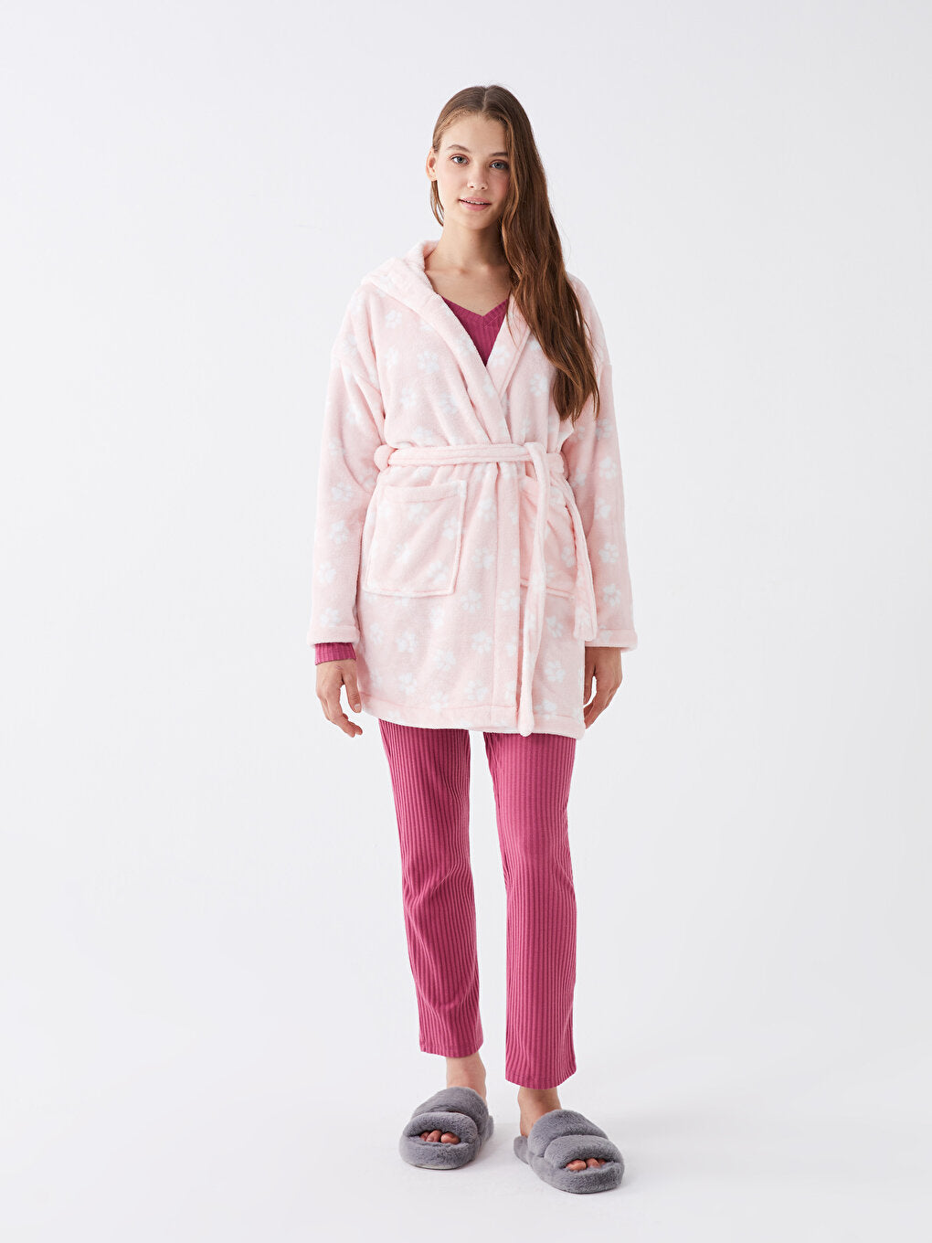 Hooded Patterned Long Sleeve Plush Women's Dressing Gown