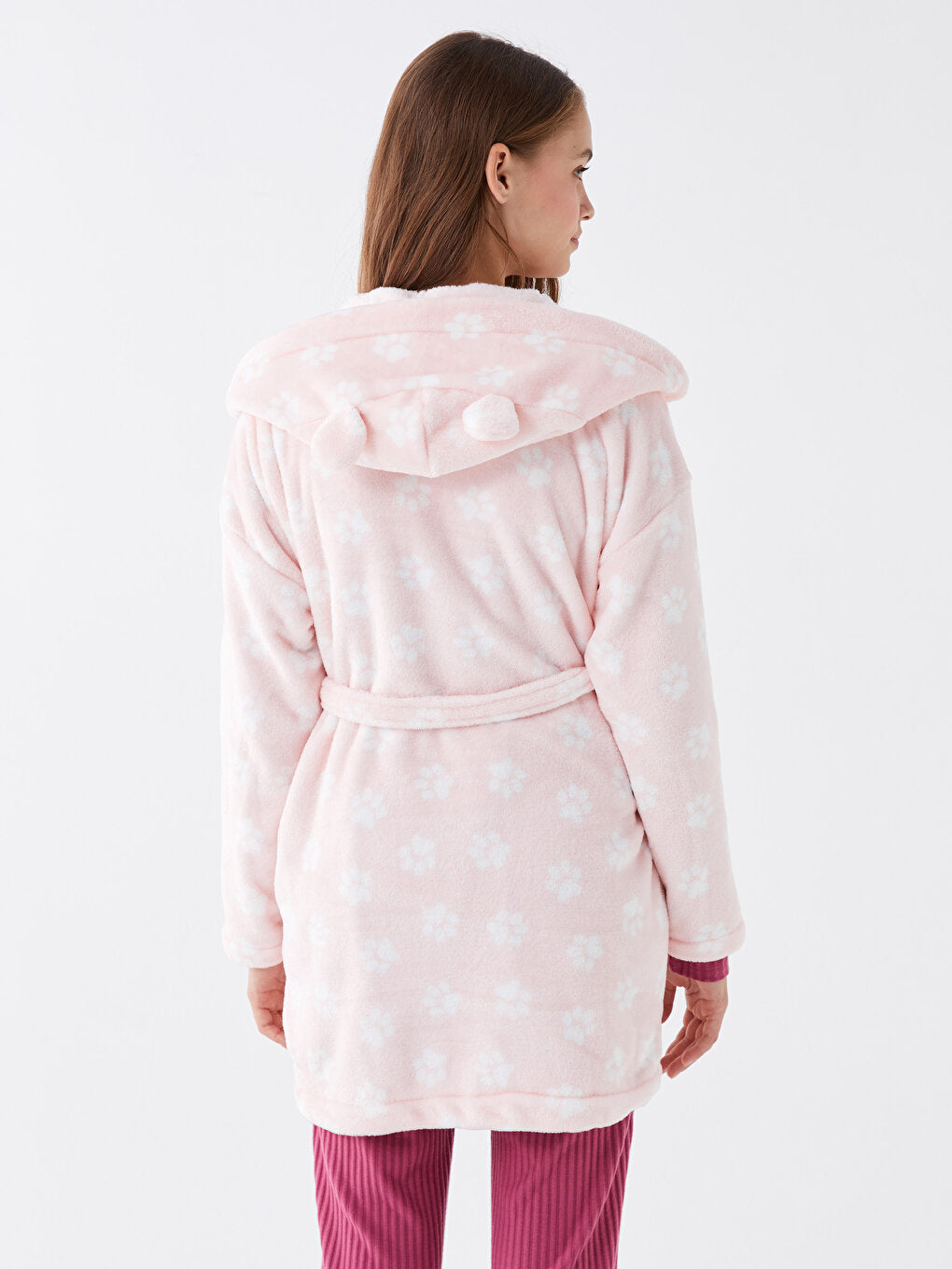 Hooded Patterned Long Sleeve Plush Women's Dressing Gown