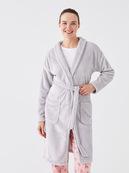 Shawl Collar Plain Long Sleeve Women's Plush Dressing Gown