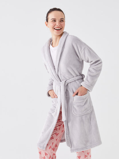 Shawl Collar Plain Long Sleeve Women's Plush Dressing Gown