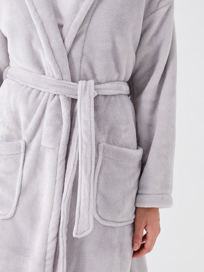 Shawl Collar Plain Long Sleeve Women's Plush Dressing Gown