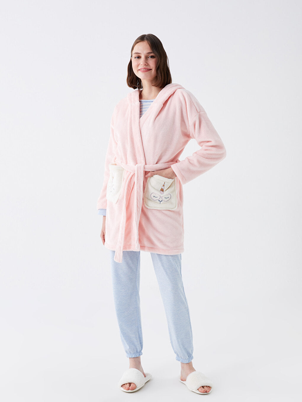 Hooded Embroidered Long Sleeve Women's Plush Dressing Gown