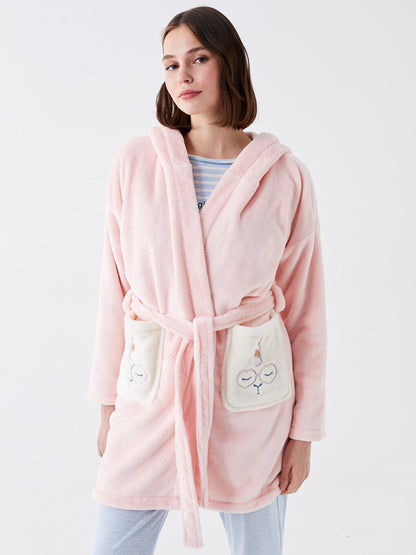 Hooded Embroidered Long Sleeve Women's Plush Dressing Gown