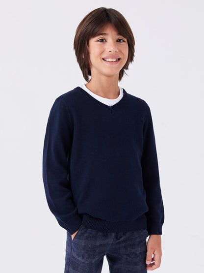 V-Neck Basic Long Sleeve Boy's Knitwear Sweater