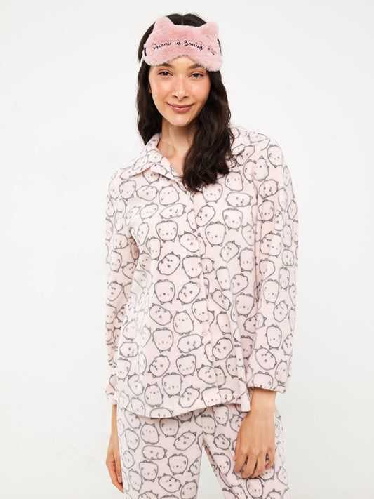 Shirt Collar Patterned Long Sleeve Fleece Women's Pajama Set