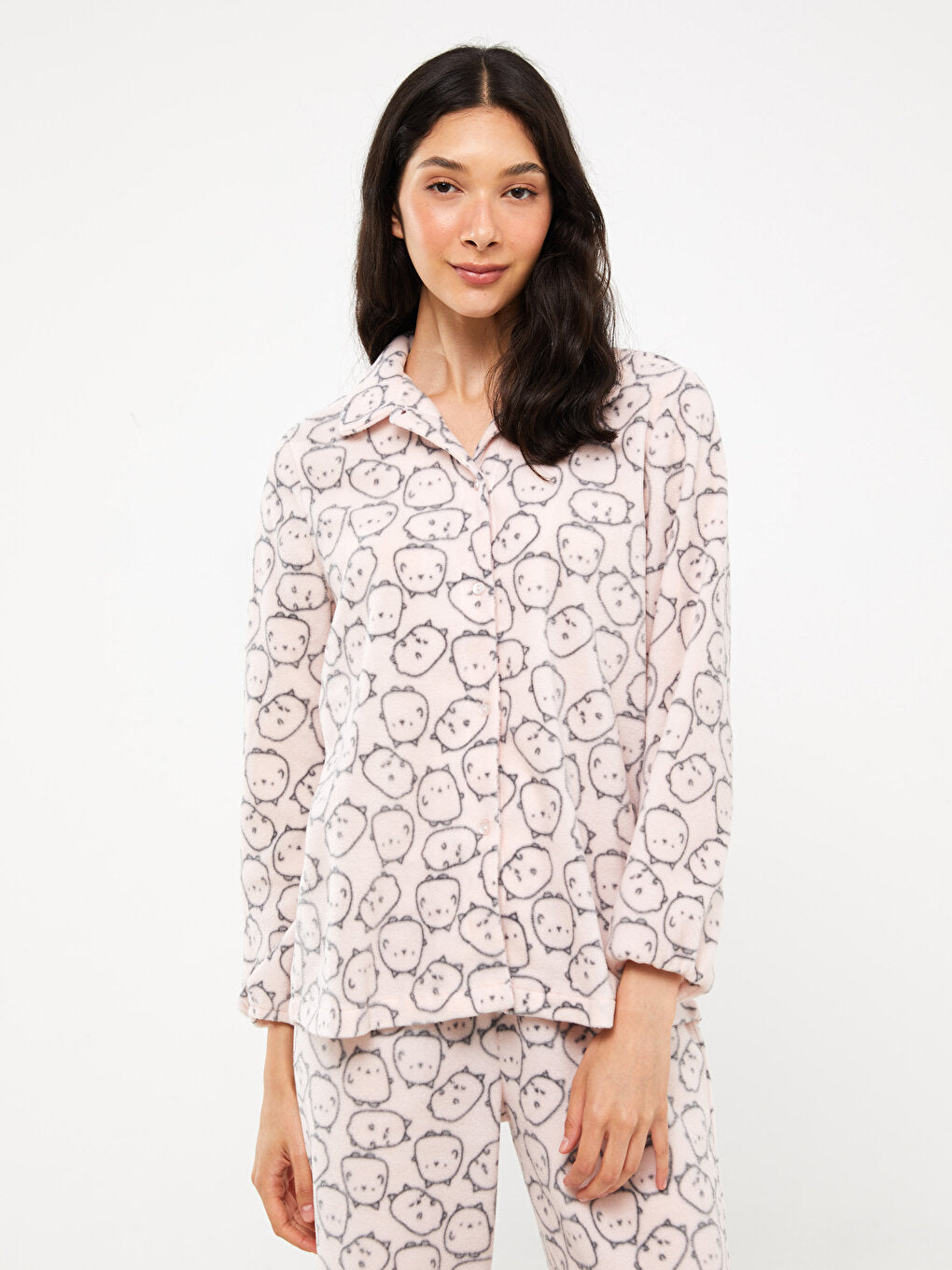 Shirt Collar Patterned Long Sleeve Fleece Women's Pajama Set