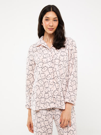 Shirt Collar Patterned Long Sleeve Fleece Women's Pajama Set