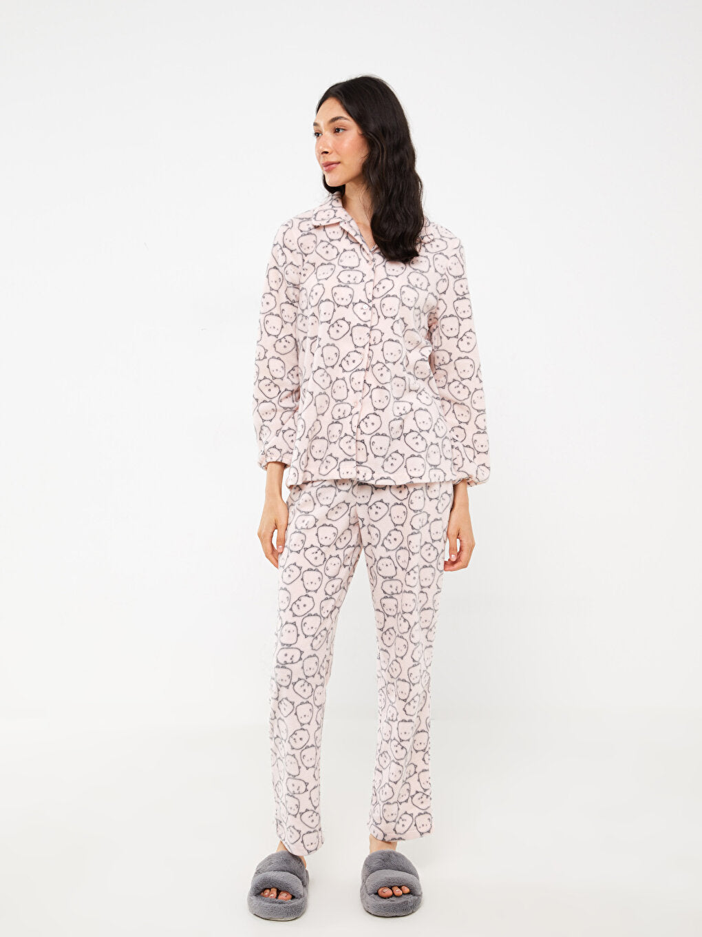 Shirt Collar Patterned Long Sleeve Fleece Women's Pajama Set