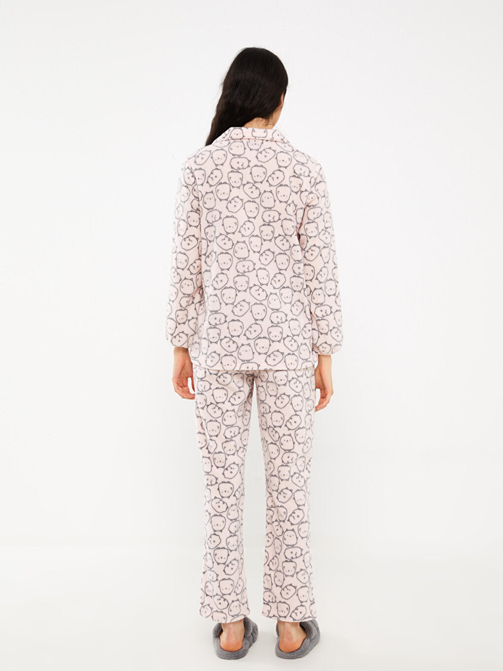 Shirt Collar Patterned Long Sleeve Fleece Women's Pajama Set