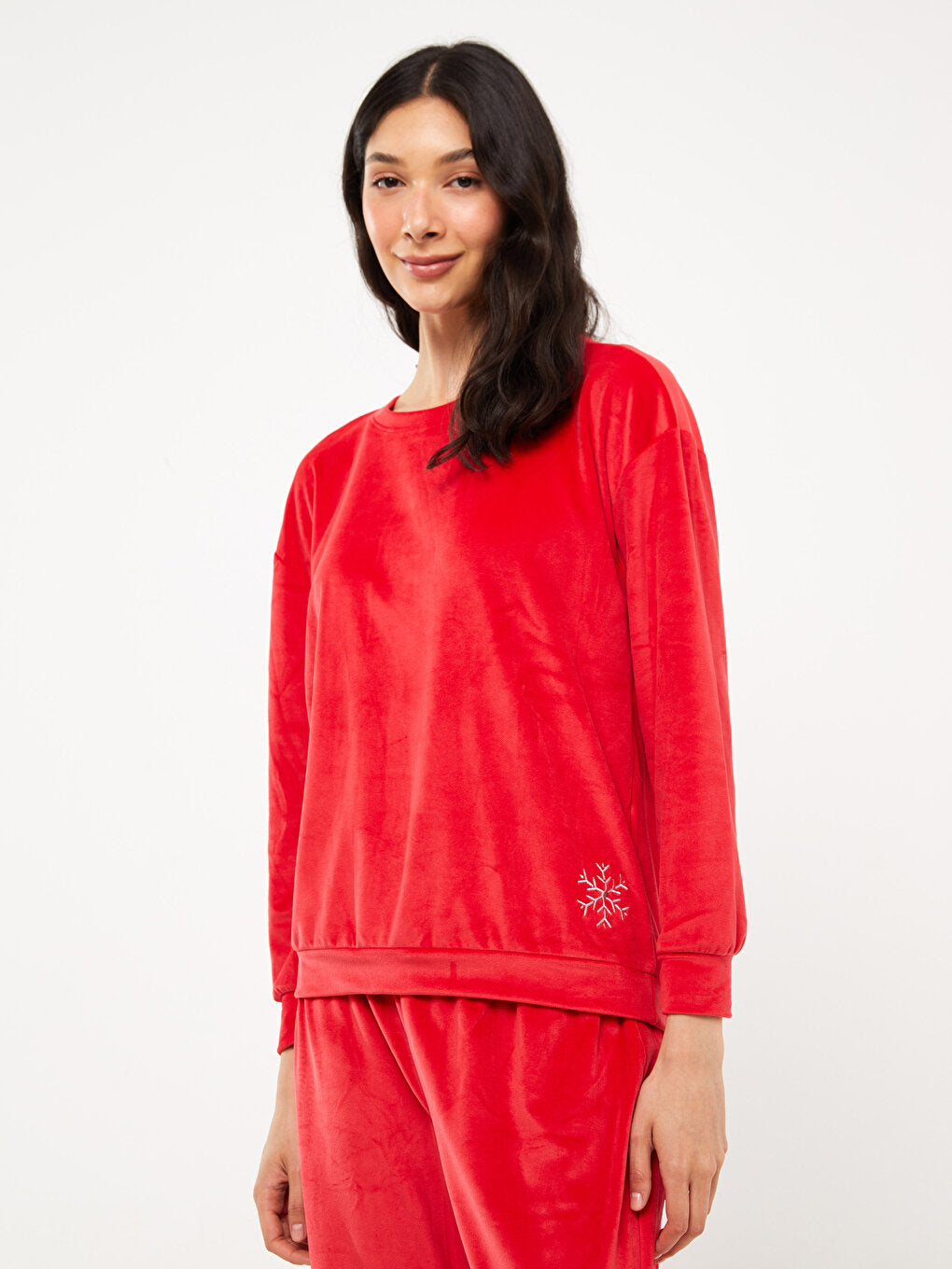 Crew Neck Embroidered Long Sleeve Women's Pajama Set