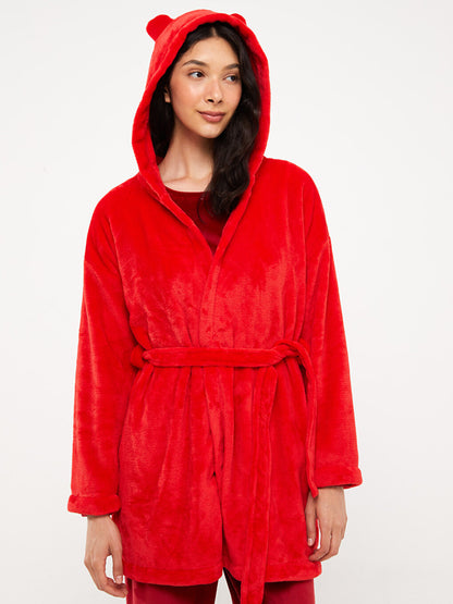 Hooded Plain Long Sleeve Women's Plush Dressing Gown