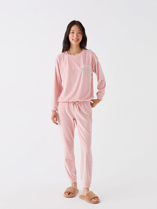 Crew Neck Embroidered Long Sleeve Velvet Women's Pajama Set