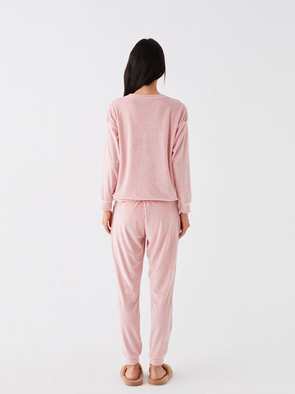 Crew Neck Embroidered Long Sleeve Velvet Women's Pajama Set