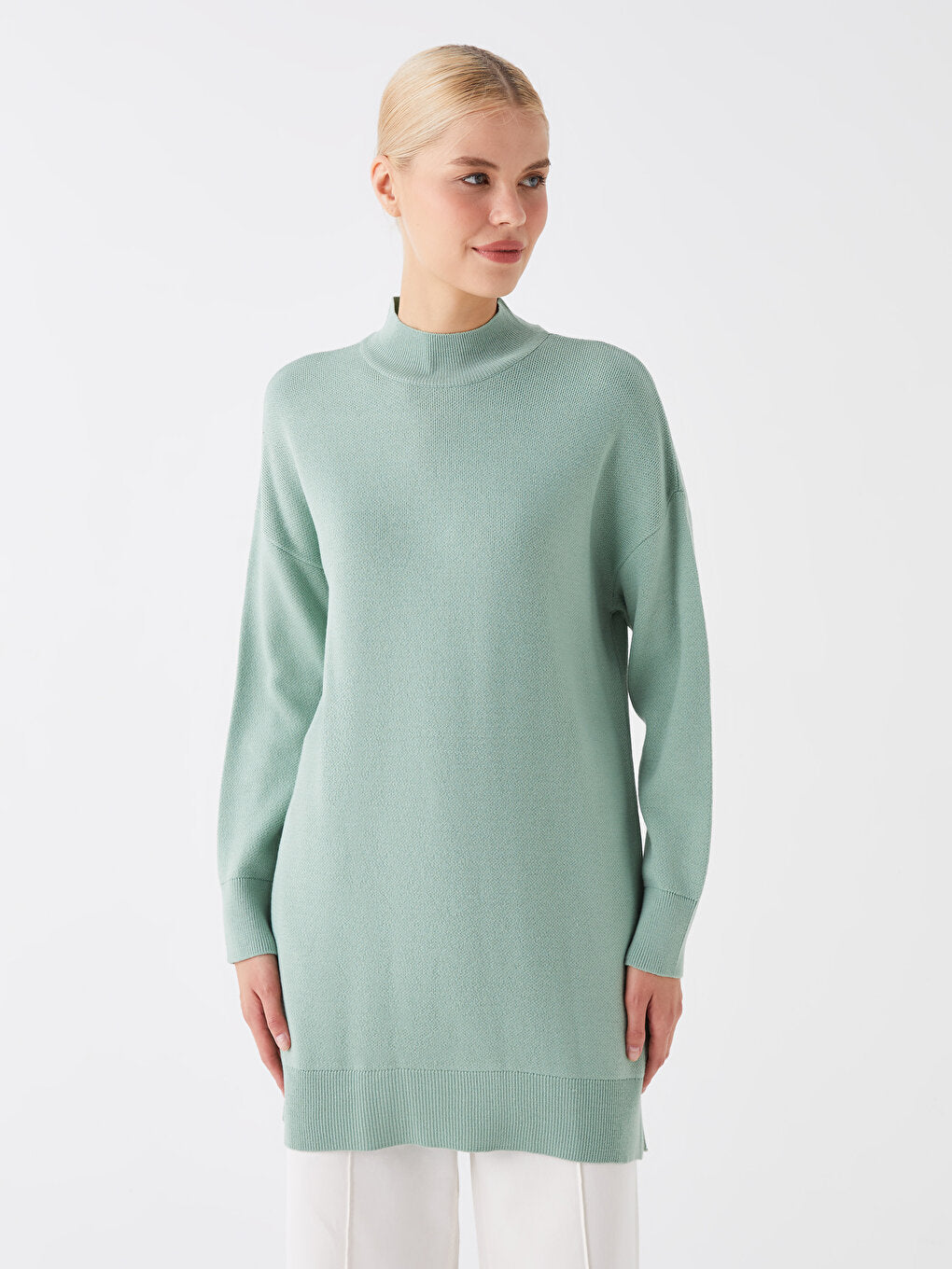 Half Turtleneck Plain Long Sleeve Oversize Women's Knitwear Tunic