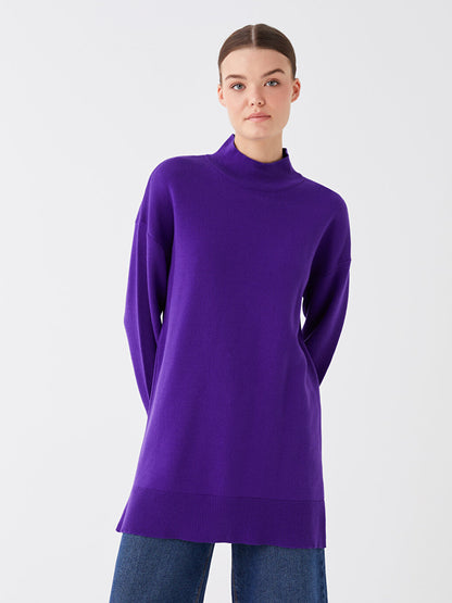 Half Turtleneck Plain Long Sleeve Oversize Women's Knitwear Tunic