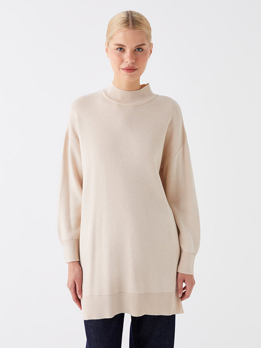 Half Turtleneck Plain Long Sleeve Oversize Women's Knitwear Tunic