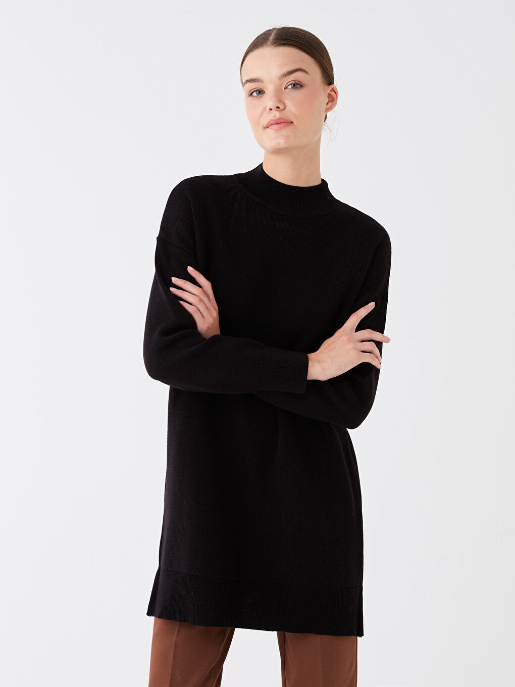 Half Turtleneck Plain Long Sleeve Oversize Women's Knitwear Tunic