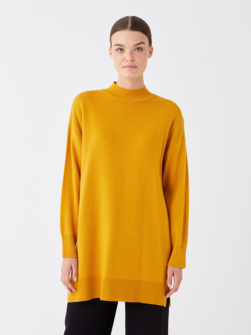 Half Turtleneck Plain Long Sleeve Oversize Women's Knitwear Tunic