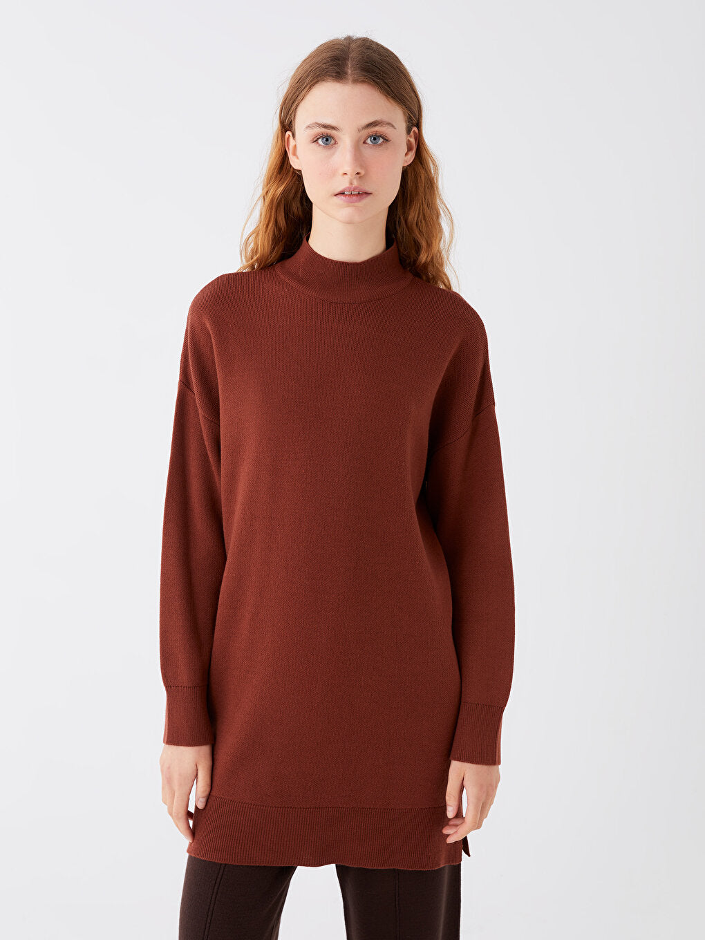 Half Turtleneck Plain Long Sleeve Oversize Women's Knitwear Tunic