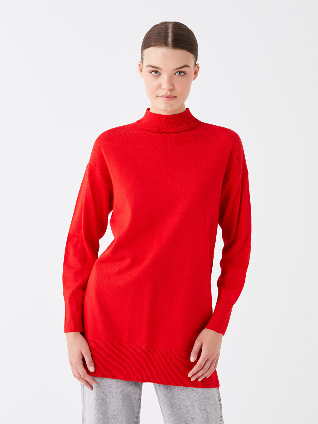 Half Turtleneck Plain Long Sleeve Women's Knitwear Tunic