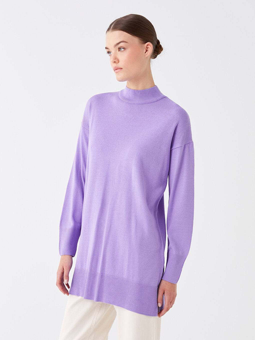 Half Turtleneck Plain Long Sleeve Women's Knitwear Tunic