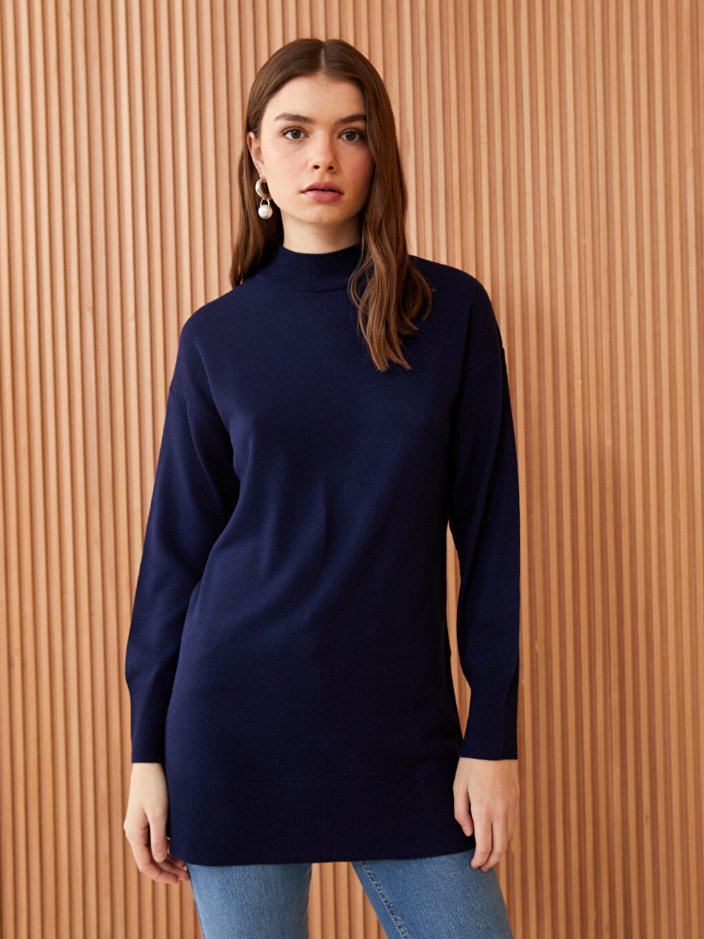 Half Turtleneck Plain Long Sleeve Women's Knitwear Tunic