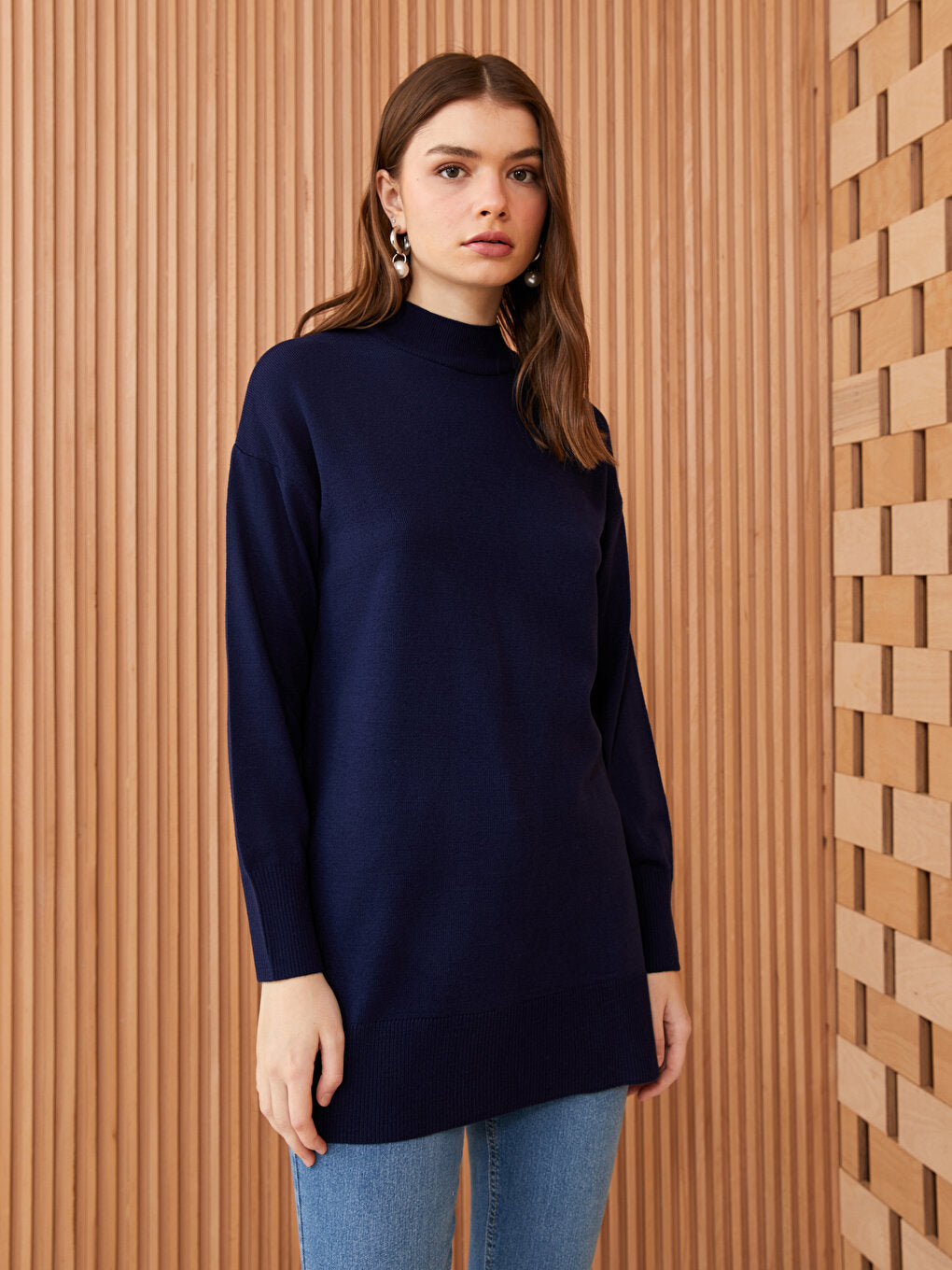 Half Turtleneck Plain Long Sleeve Women's Knitwear Tunic